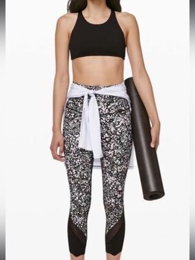 lululemon athletica Black floral Capri Leggings with Mesh Insets